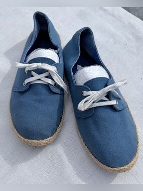 C Label lace up espadrilles.Blue canvas,rubber soles,jute edges.Size7.5, EU 37.5